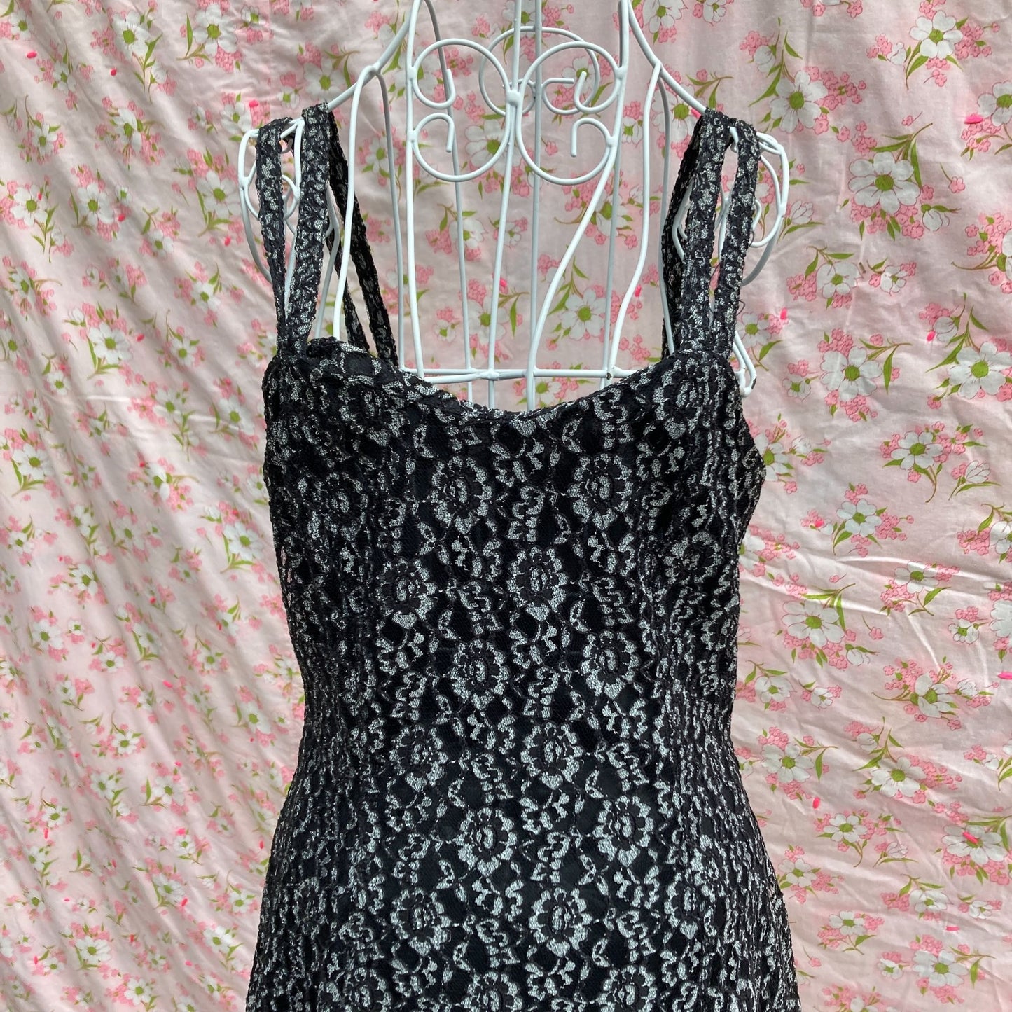 vintage dress black silver lace 80s 90s | S-M | see through overlay All That Jazz tank mini