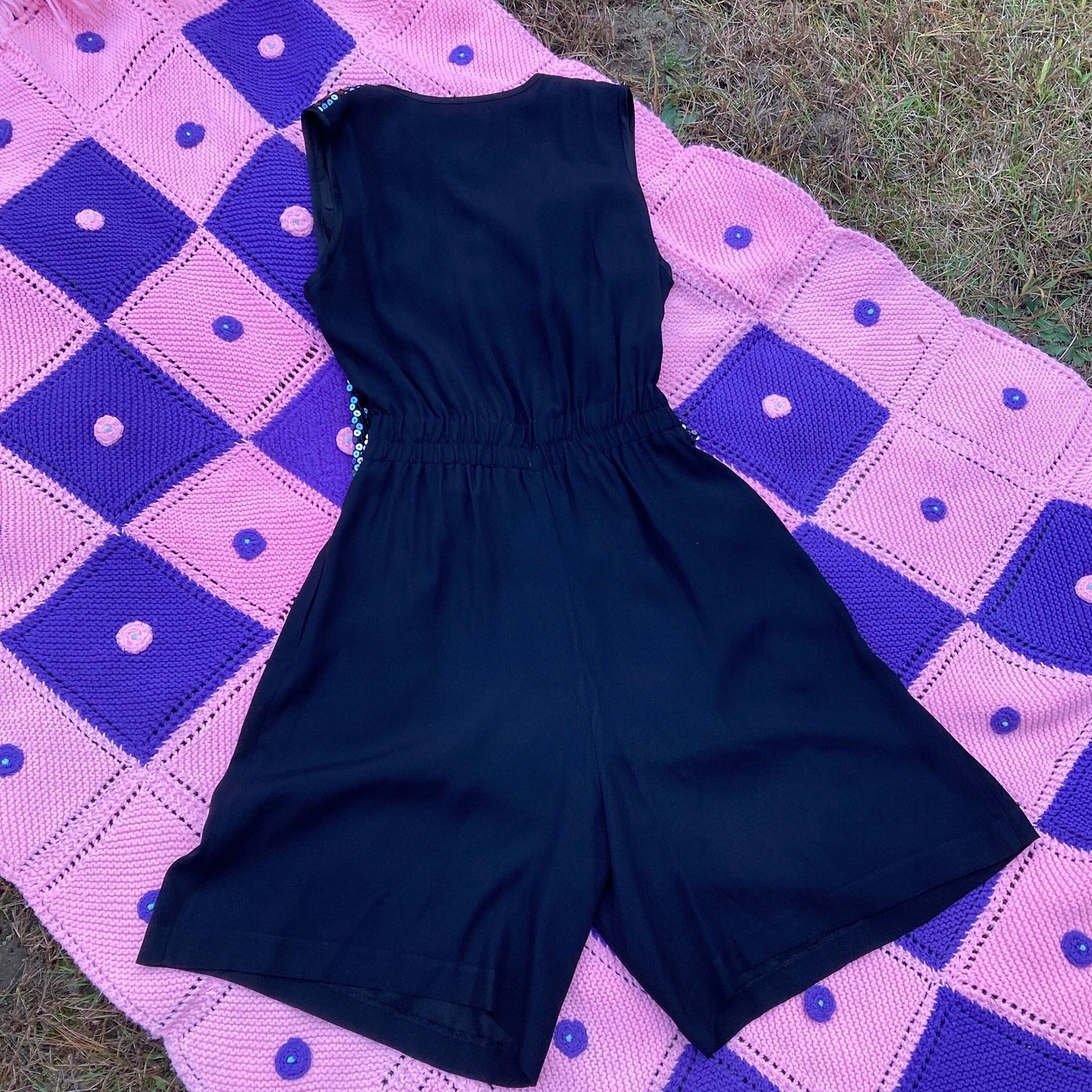 vintage romper 80s 90s black sequins silver | M-L | party festive 1980s 1990s playsuit one piece pleated