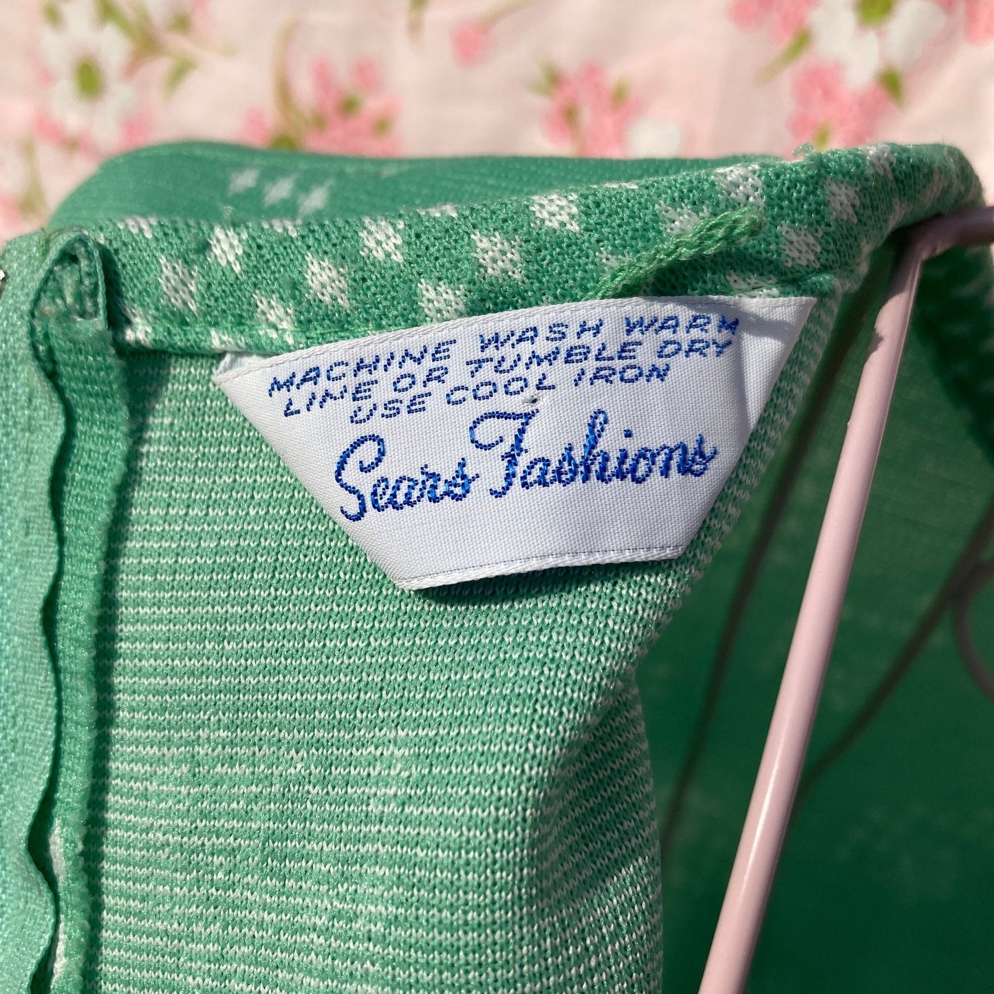 70s vintage dress mint pastel green white floral diamond | S - M | 1970s shift short sleeve Sears