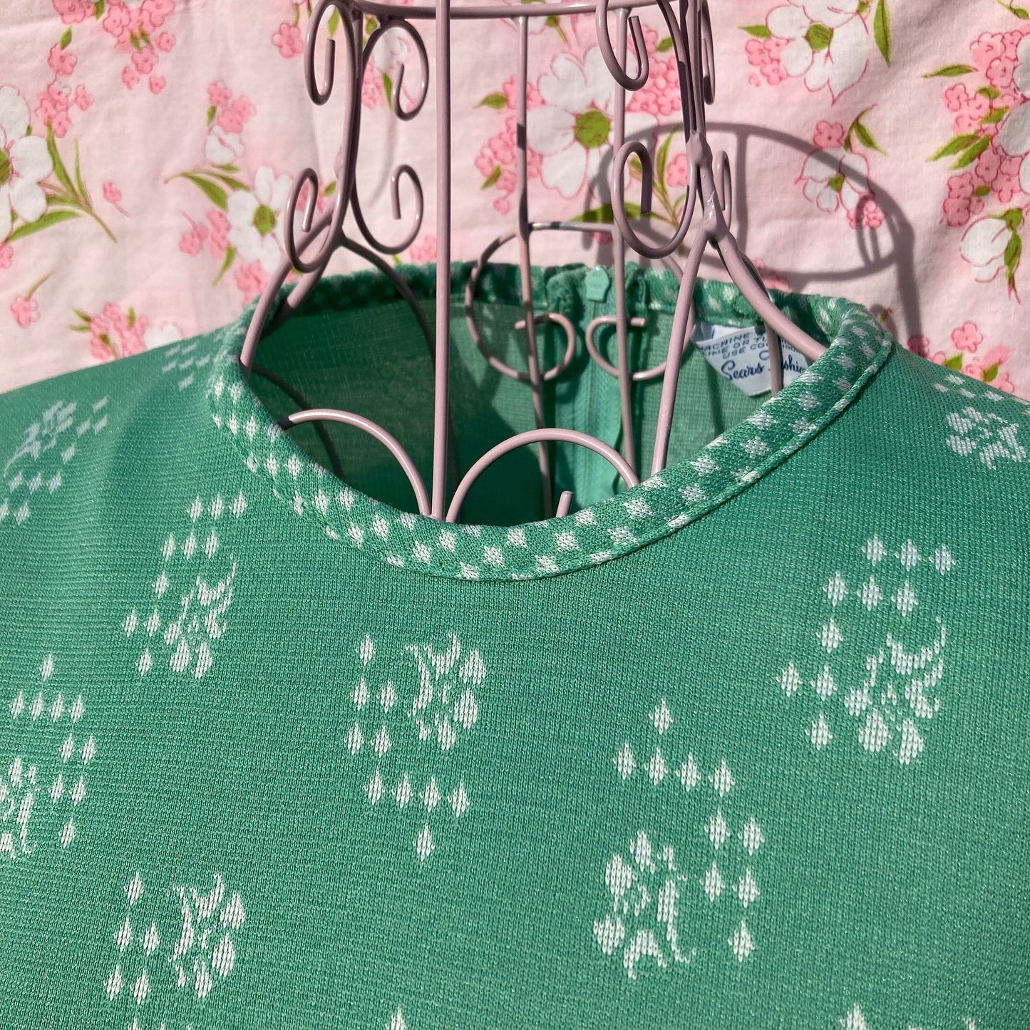 70s vintage dress mint pastel green white floral diamond | S - M | 1970s shift short sleeve Sears