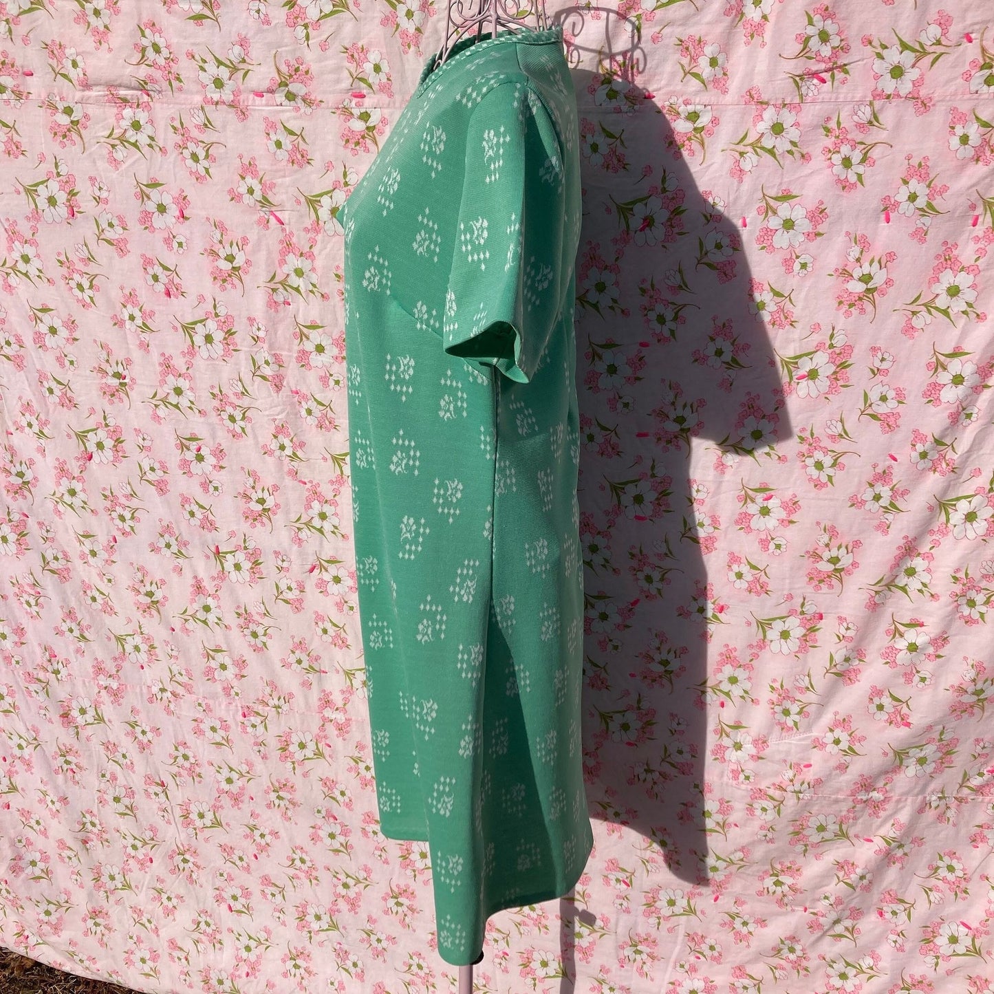70s vintage dress mint pastel green white floral diamond | S - M | 1970s shift short sleeve Sears