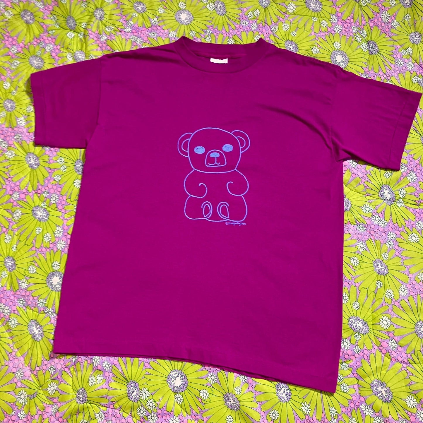 Vintage graphic teddy bear t shirt upcycled reworked | S - M | 90s raspberry purple periwinkle blue single stitch reimagined by Katie
