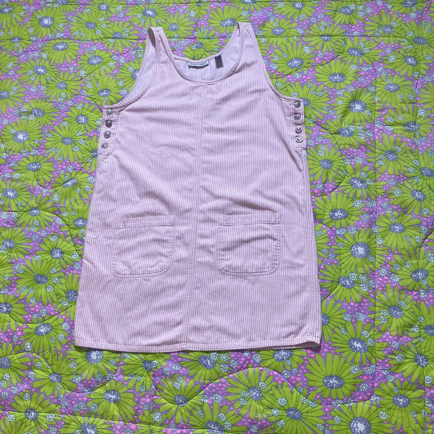 vintage dress 90s | M-L | jumper cottage pink white dusty rose striped academic 1990s Marsh Landing cotton