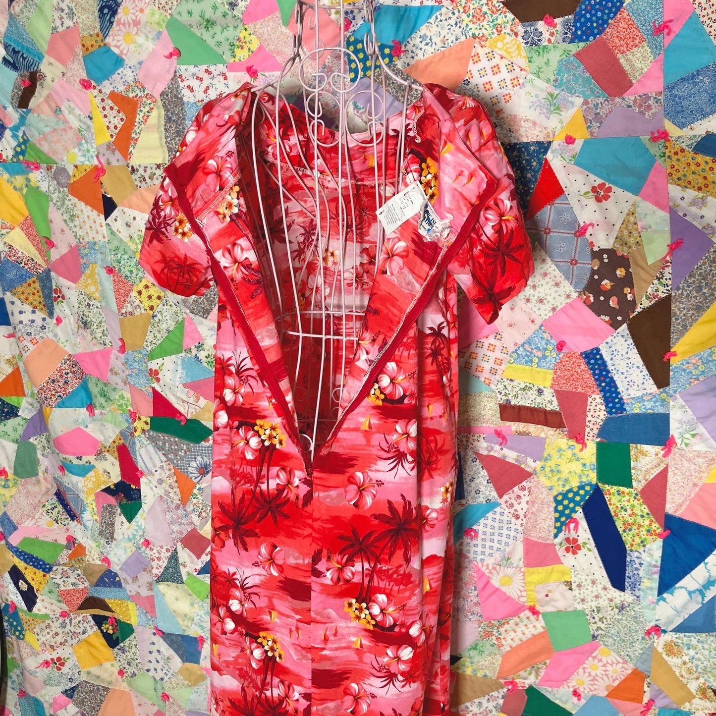 70s vintage dress | S-M | Hawaiian floral red white orange hibiscus plumeria palm made in Hawaii cotton Pacific Island Creations