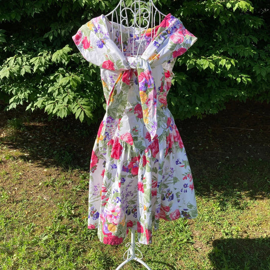 vintage 80s dress floral rose 1980s | cottage core |  pink white green | M-L | garden party cotton fit and flare Expo cotton