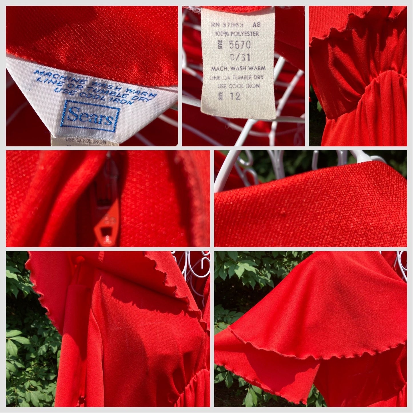 70s vintage maxi dress red XS-M 1970s party long Sears flutter sleeve lettuce hem emprire waist