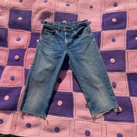 Vintage 505 levis red tab shorts  jorts distressed 70s high waisted rise denim jeans long medium wash made in usa us levi's cut offs cutoff