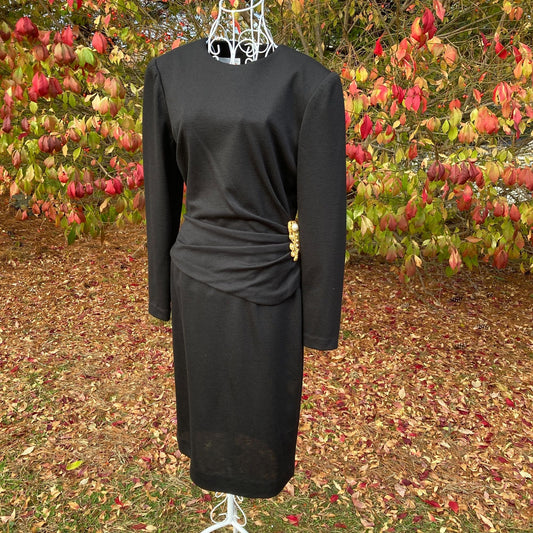 vintage 89s dress black Saks Fifth Ave | XS - S | David Warren New York party formal pearl long sleeve occasion wear ruching pearl