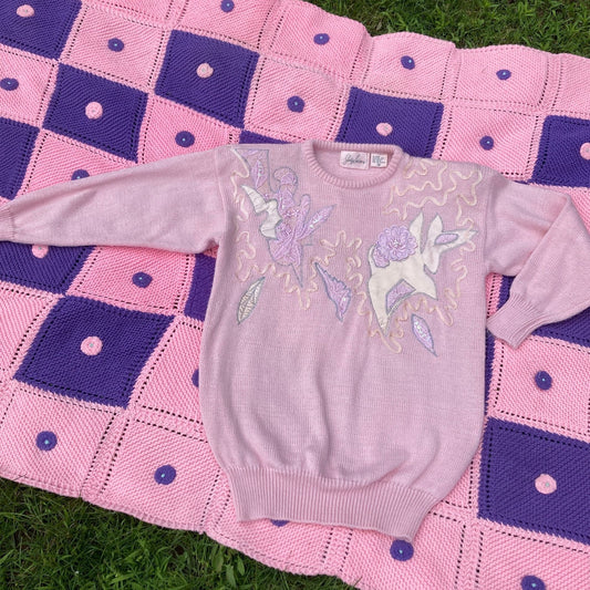 Vintage 80s 90s sparkly sweater glitter pastel pink  silver white 1990s fairy kei kawaii  Jaclyn Smith