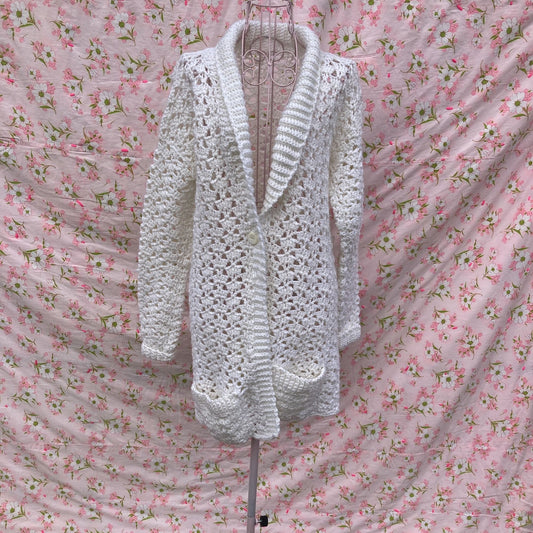 Vintage 70s sweater M  white open knit cardigan  openwork long shawl collar