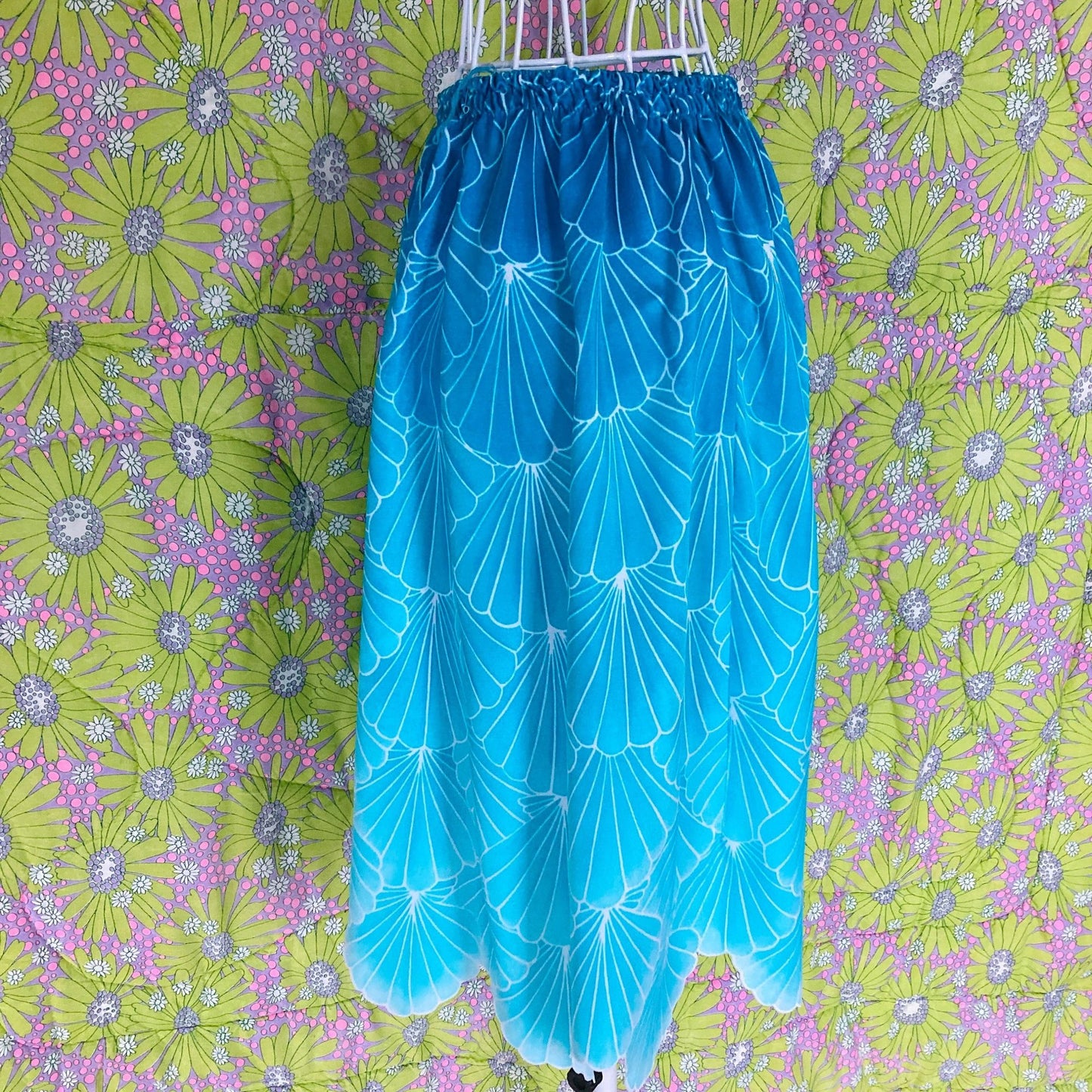 Vintage 70s skirt blue teal novelty shell print XS-M 1970s scallop swim beach DeWeese Design