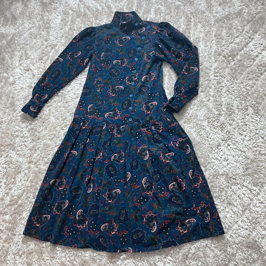 Laura Ashley 80s vintage dress | S-M| teal navy red green paisley cottage prairie  corduroy collared puff sleeve long sleeve