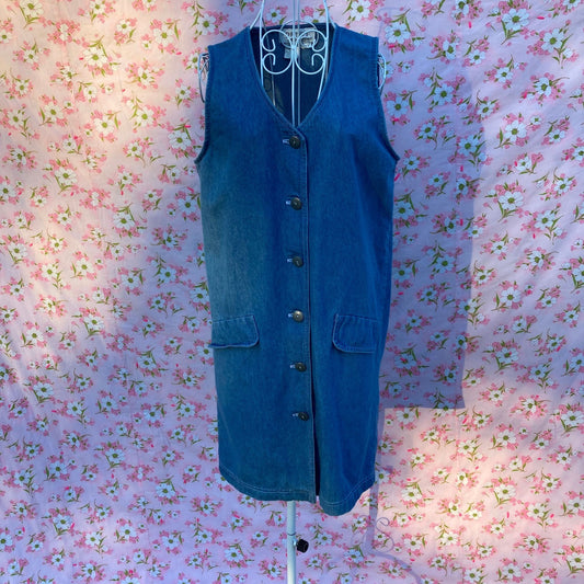 vintage denim jumper dress 90s  prairie homestead cotton western farmcore jean  | M | cottage core 1990s