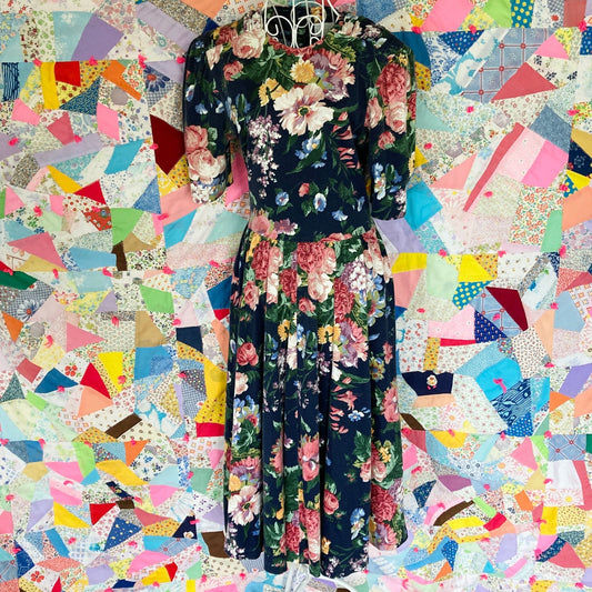 vintage floral dress 80s cottage blue white pink floral print cottage western puff sleeve farmcore  made in USA us |S-M| Expo