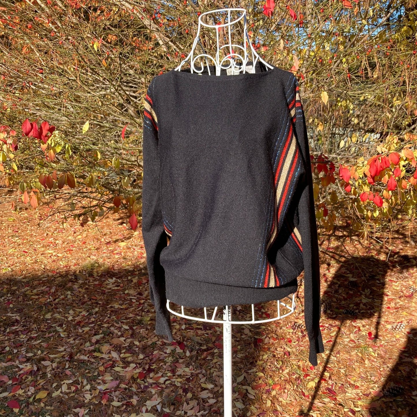 vintage 80s black sweater striped metallic sparkly gold red blue 1980s Liz Claiborne