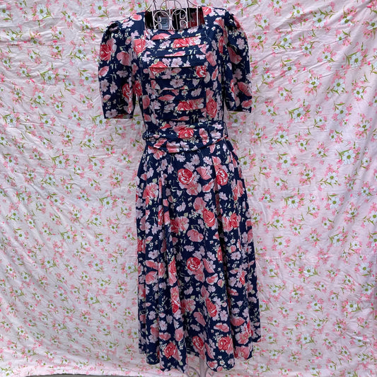 Vintage Laura Ashley dress | M-L| 80s cottage core navy blue pink blue floral rose print bow puff sleeve cotton Made in Great Britain