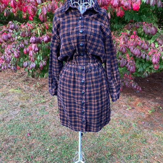 vintage dress 90s | XS-S | black brown corduroy collared long sleeve cottage western farm core winter fall plaid FADS