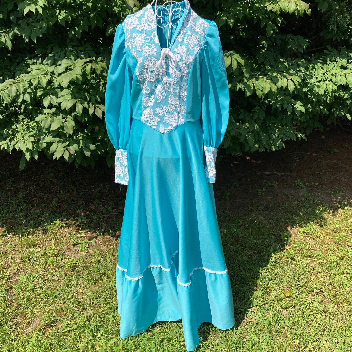 Vintage 70s prairie dress 1970s | S-M | pastel teal maxi balloon bishop sleeve lace