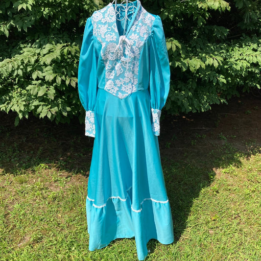Vintage 70s prairie dress 1970s | S-M | pastel teal maxi balloon bishop sleeve lace