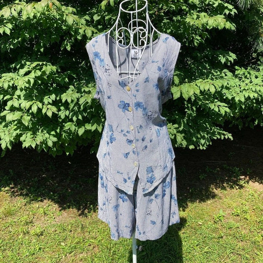 Vintage 80s 90s shorts and top matching set | XS-S  |  blue white 1990s  two piece Maggie Lawrence floral checkered