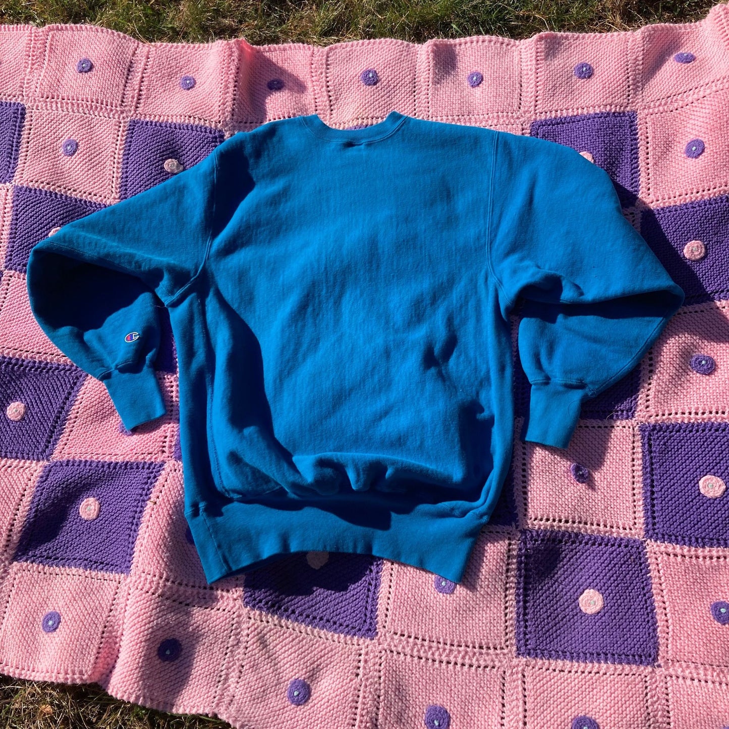 vintage sweatshirt champion 90s 1990s spellout script M-L teal embroidered reverse weave made in USA