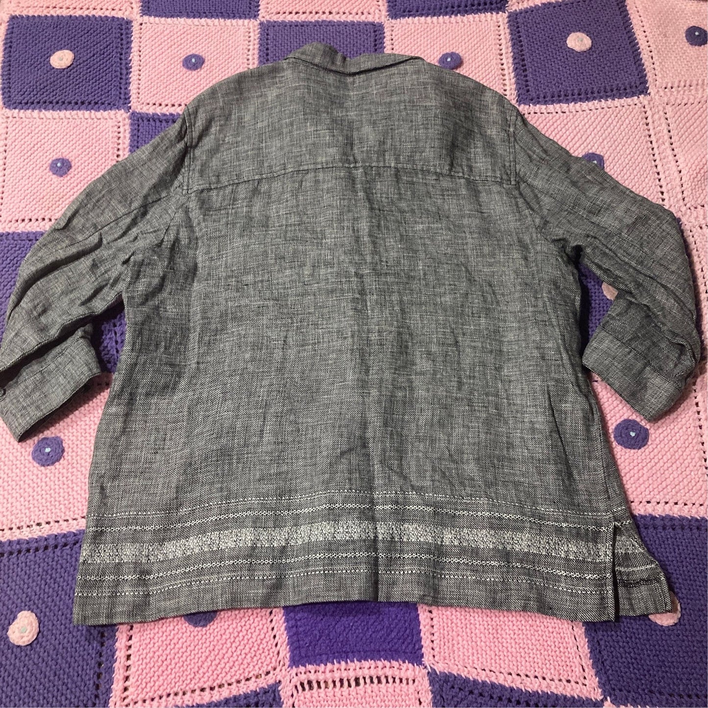 vintage y2k  shirt button up band collar top linen black white gray | M - L |  Norton McNaughton