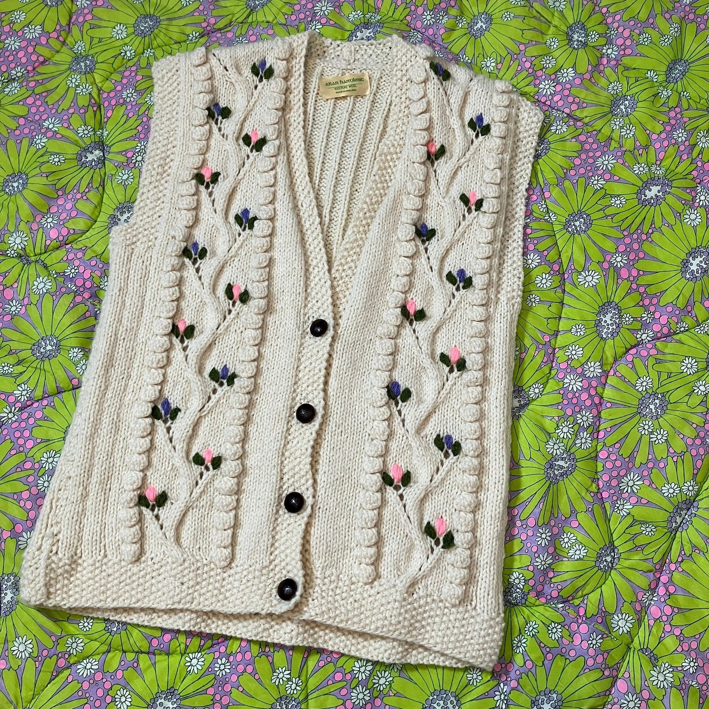 vintage 70s vest cable knit Ireland aran  chunky floral pink purple fisherman button front cardigan made in ireland wool heavy