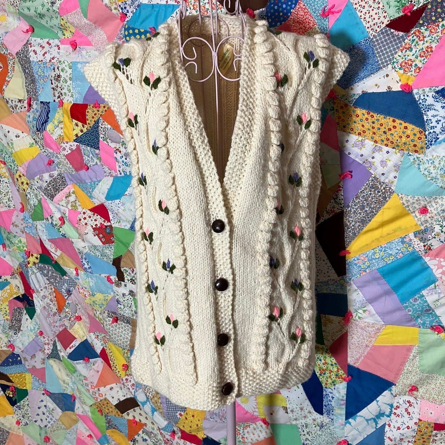 vintage 70s vest cable knit Ireland aran  chunky floral pink purple fisherman button front cardigan made in ireland wool heavy