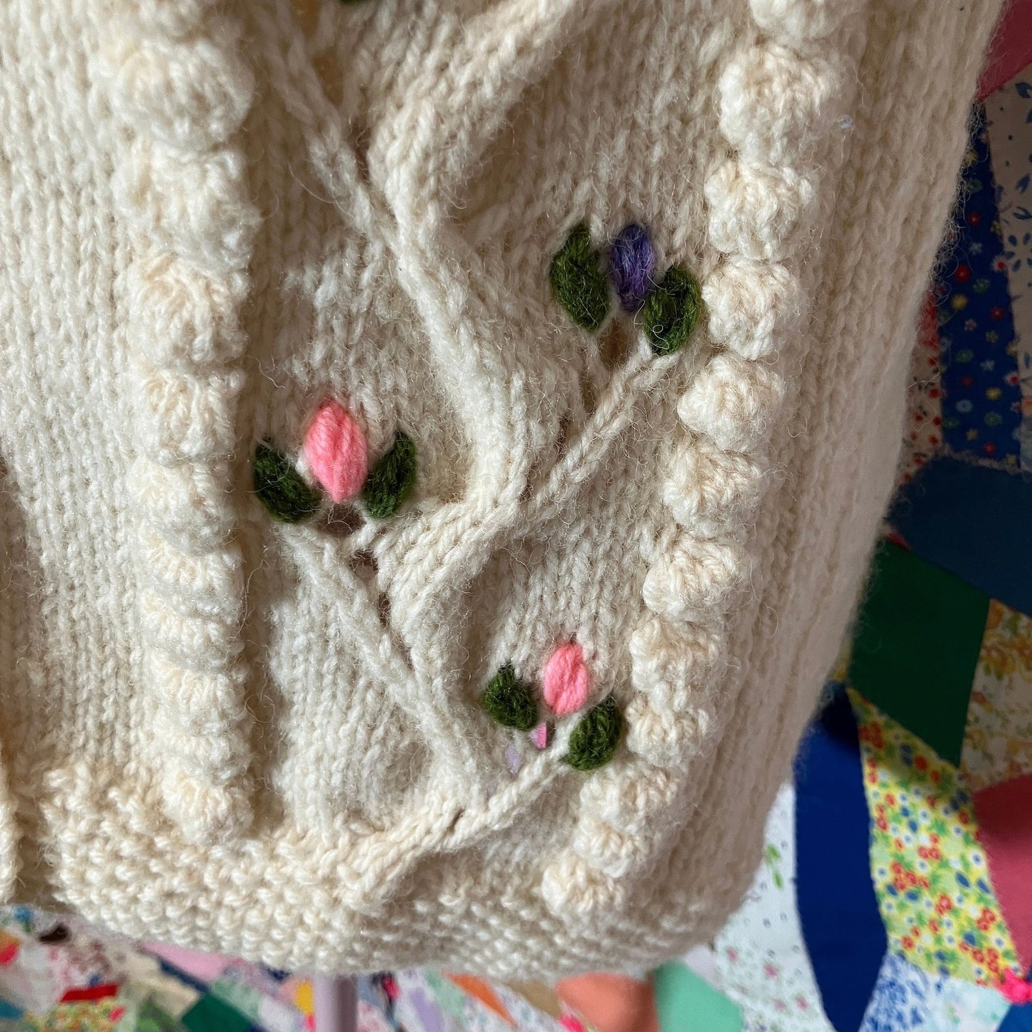 vintage 70s vest cable knit Ireland aran  chunky floral pink purple fisherman button front cardigan made in ireland wool heavy