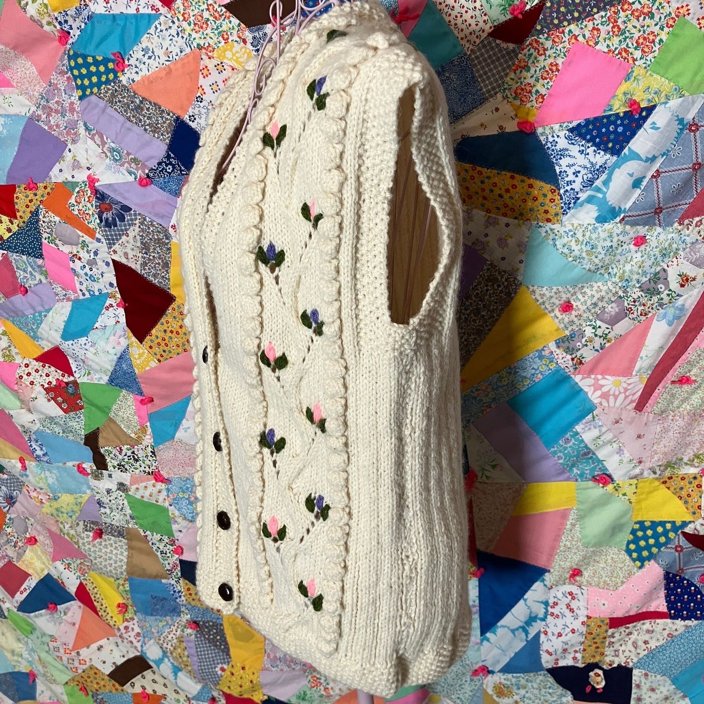 vintage 70s vest cable knit Ireland aran  chunky floral pink purple fisherman button front cardigan made in ireland wool heavy