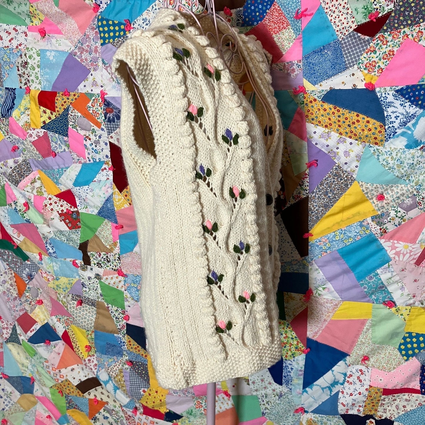 vintage 70s vest cable knit Ireland aran  chunky floral pink purple fisherman button front cardigan made in ireland wool heavy