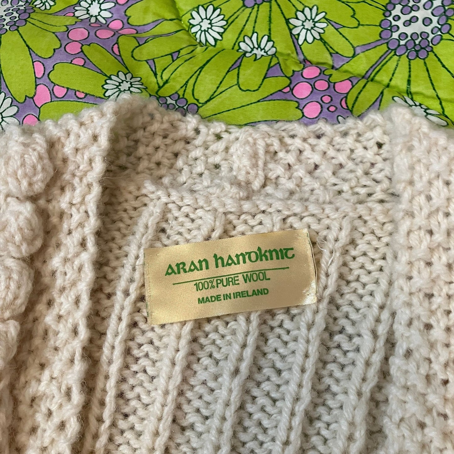 vintage 70s vest cable knit Ireland aran  chunky floral pink purple fisherman button front cardigan made in ireland wool heavy