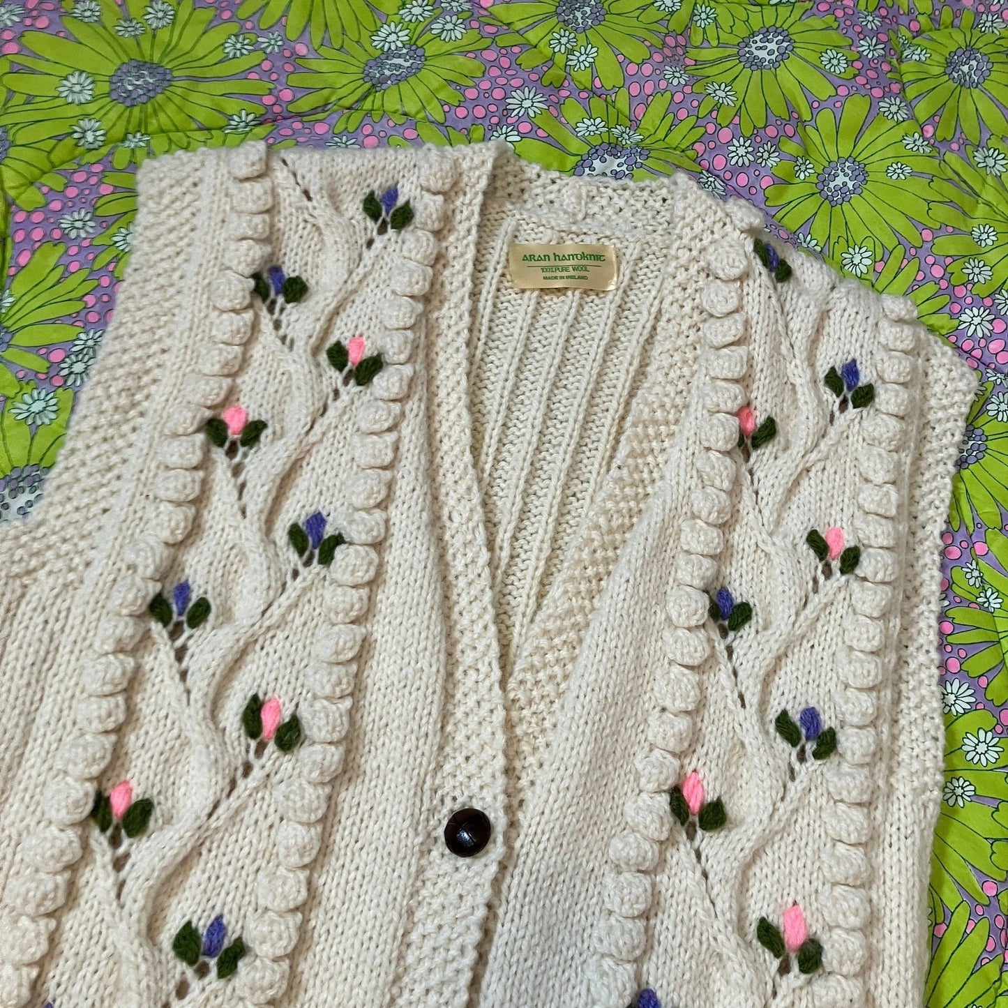 vintage 70s vest cable knit Ireland aran  chunky floral pink purple fisherman button front cardigan made in ireland wool heavy