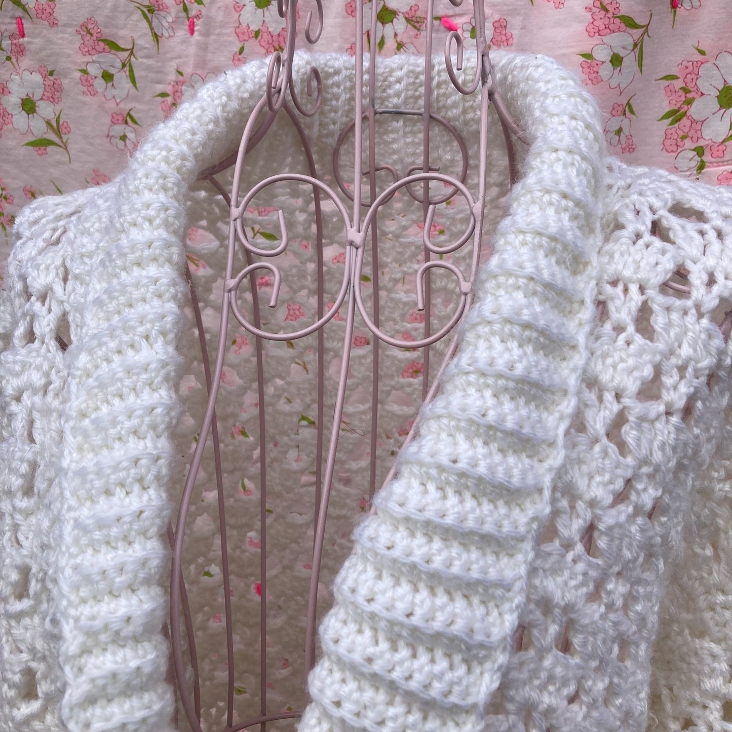 Vintage 70s sweater M  white open knit cardigan  openwork long shawl collar