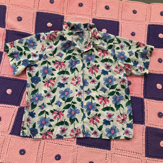 Vintage grandma shirt  allover floral print button down short sleeve | L-XL |collar 90s blue white pink purple Blair