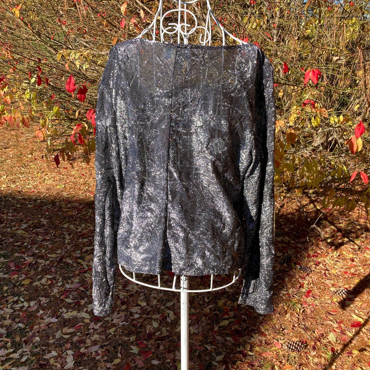 Vintage 90s top  sparkly silver black glitter metallic 1990s party festive sheer square neck ruched Hanky Panky