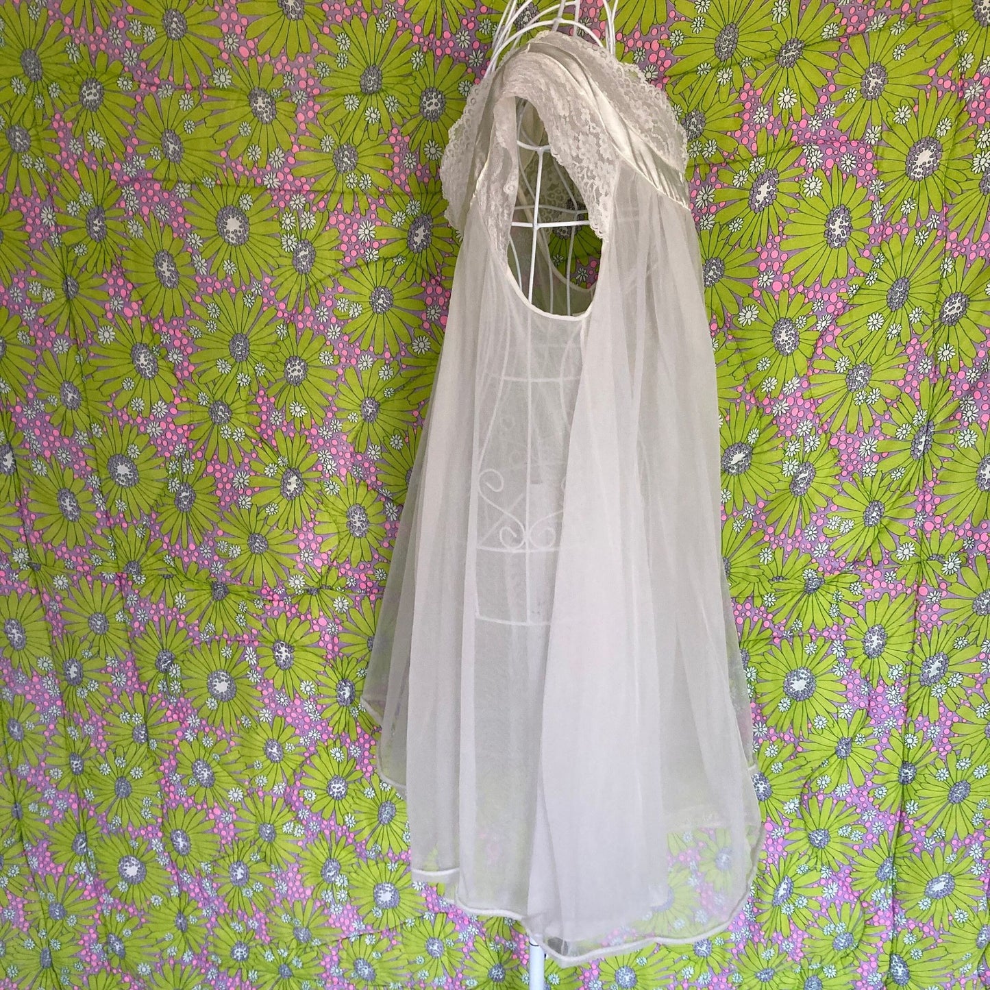vintage 60s 70s  mesh and lace peignoir prairie robe chiffon lingerie nylon