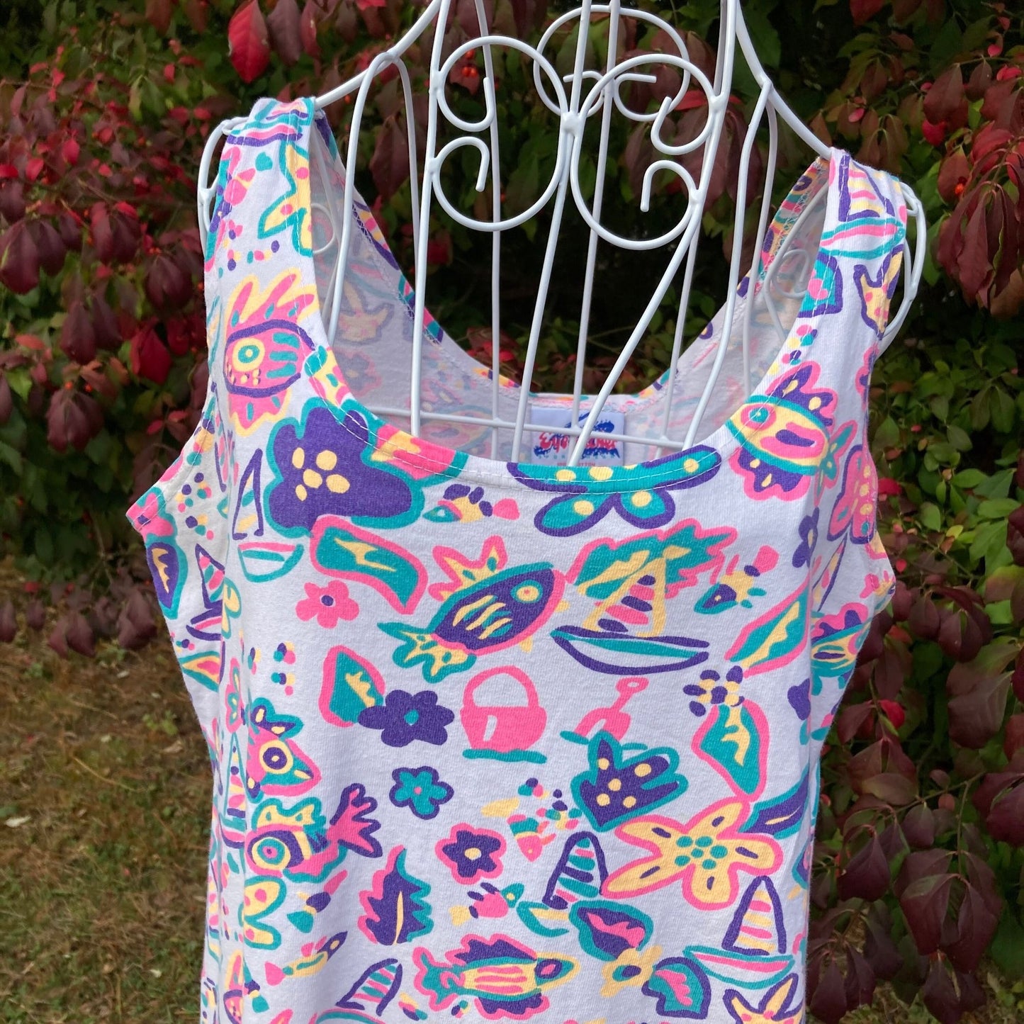 Vintage 90s dress white cotton |S-M| tank top neon pink orange purple novelty fish sail boat print beach 1990s Eyecatcher
