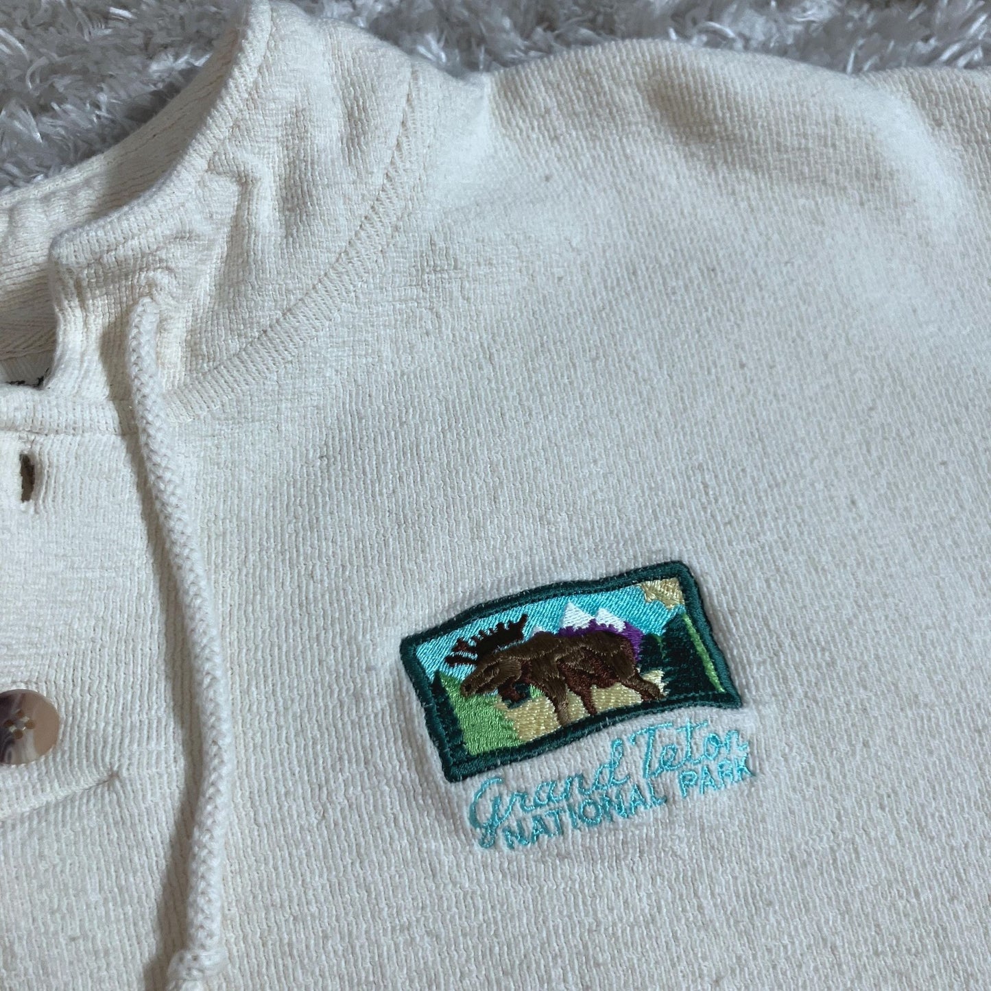 Vintage 90s sweatshirt Grand Teton | M - L | destination oat embroidered moose cotton quarter  button up  WORKS