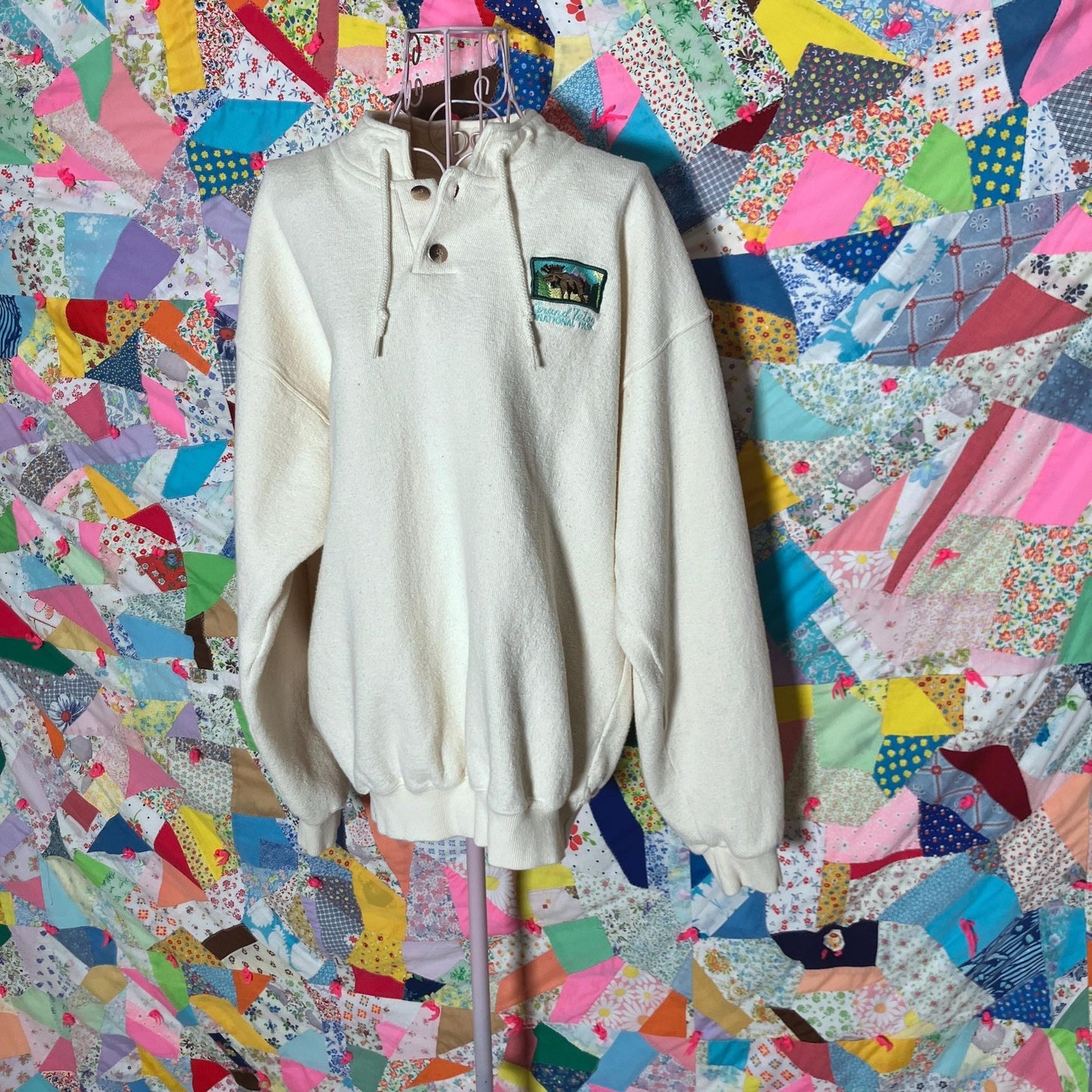Vintage 90s sweatshirt Grand Teton | M - L | destination oat embroidered moose cotton quarter  button up  WORKS