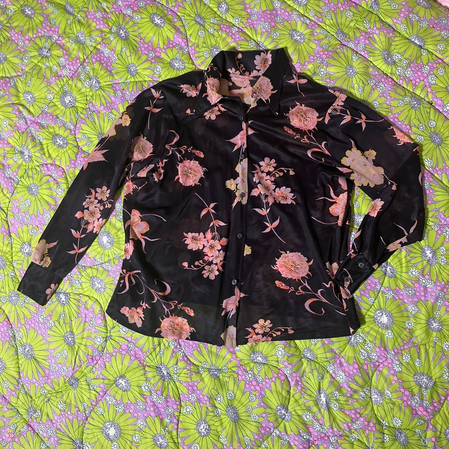 Vintage 60s 70s blouse shirt twin set | M | black floral sheer AS IS flawed 1970s collar collared
