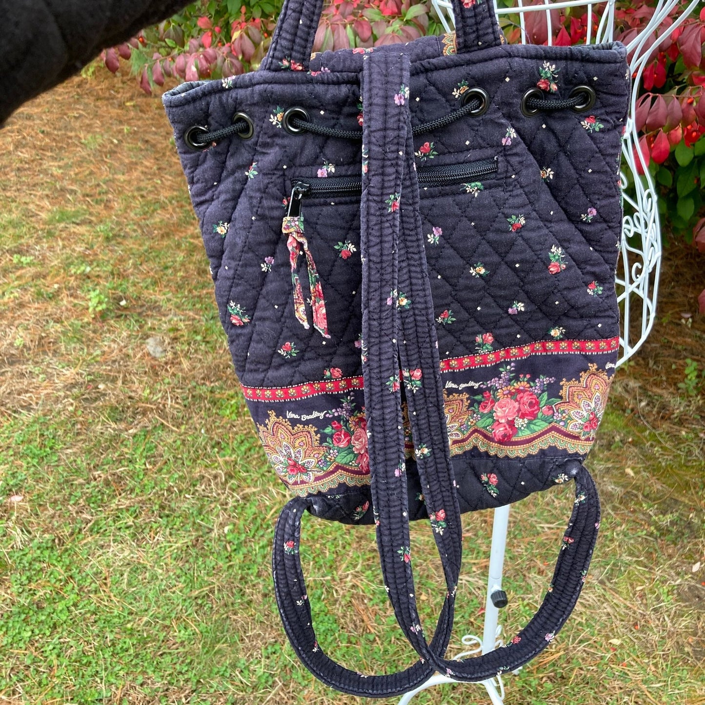vintage 90s Vera Bradley backpack purse 1990s black red pink roses quilted cotton