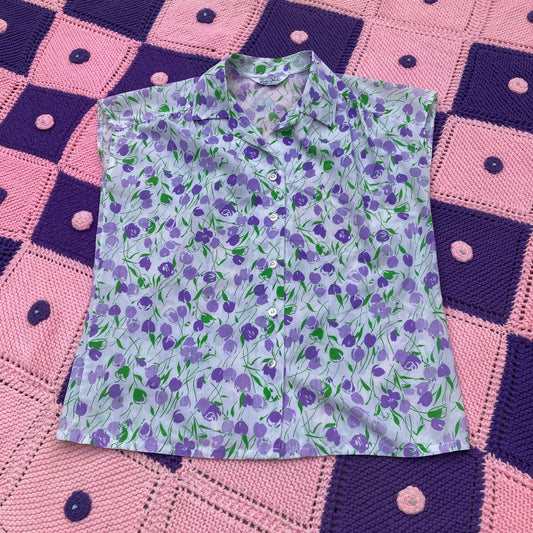 Vintage 70s top sleeveless tank 1970s  purple green white floral S - M Lady Blair