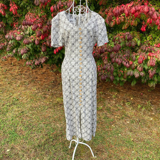 vintage dress 90s cottage core black cream abstract dots | S-M | 1990s Nina Piccalino