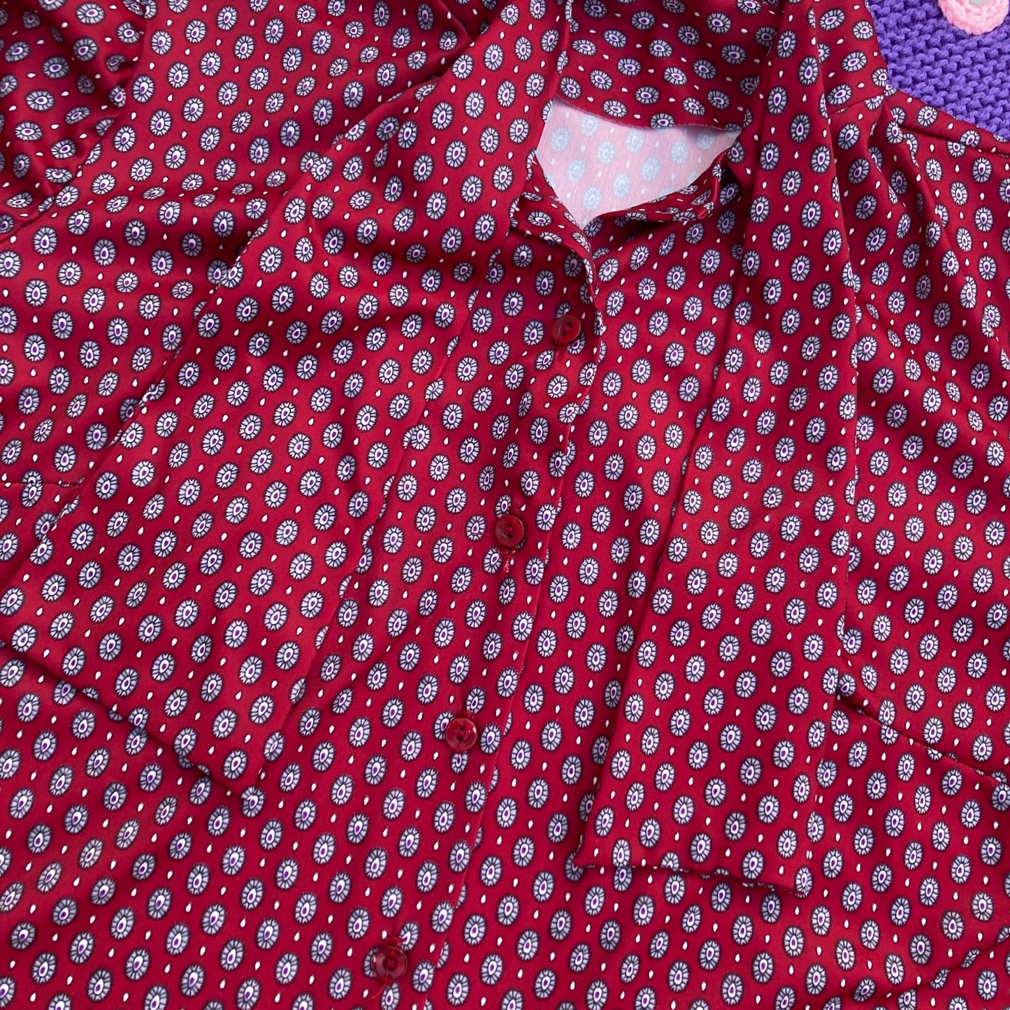 vintage 70s blouse red puff balloon sleeve button up |M| 1970s top shirt wine maroon secretary oval print grey