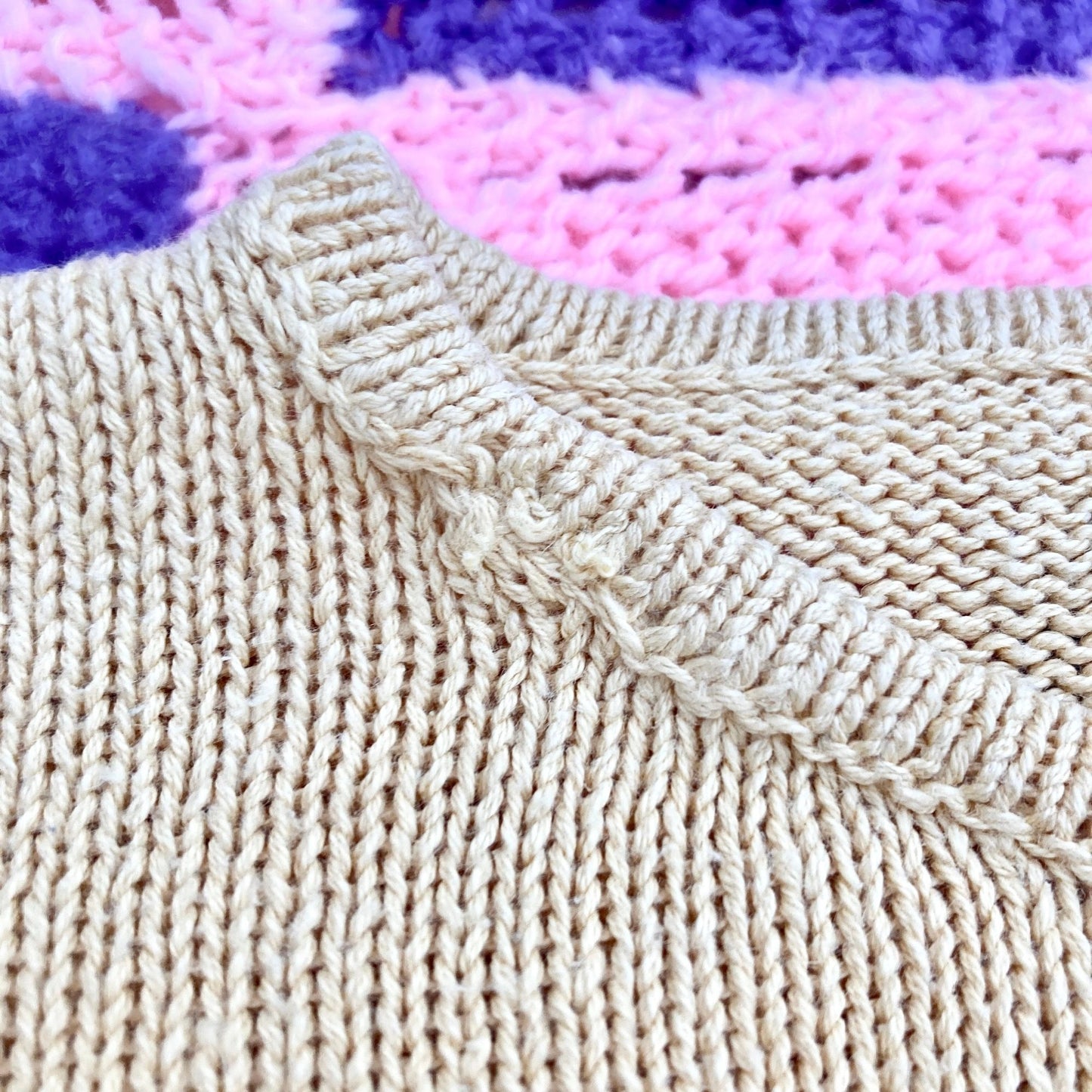 vintage 90s sweater  long sleeve pink tan light butter yellow 1990s geometric southwest mended repaired Autograph American Clothing