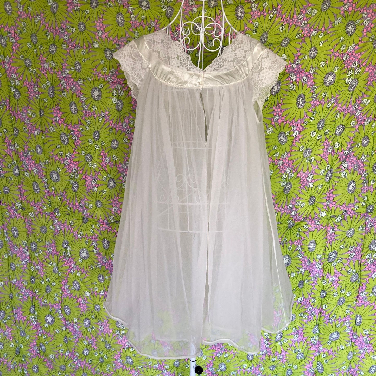 vintage 60s 70s  mesh and lace peignoir prairie robe chiffon lingerie nylon