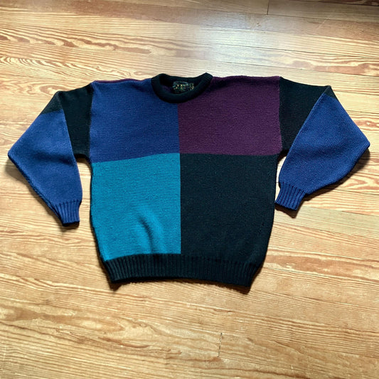 vintage 80s 90s sweater color block | L | purple green black teal jewel tone Magnetic Force