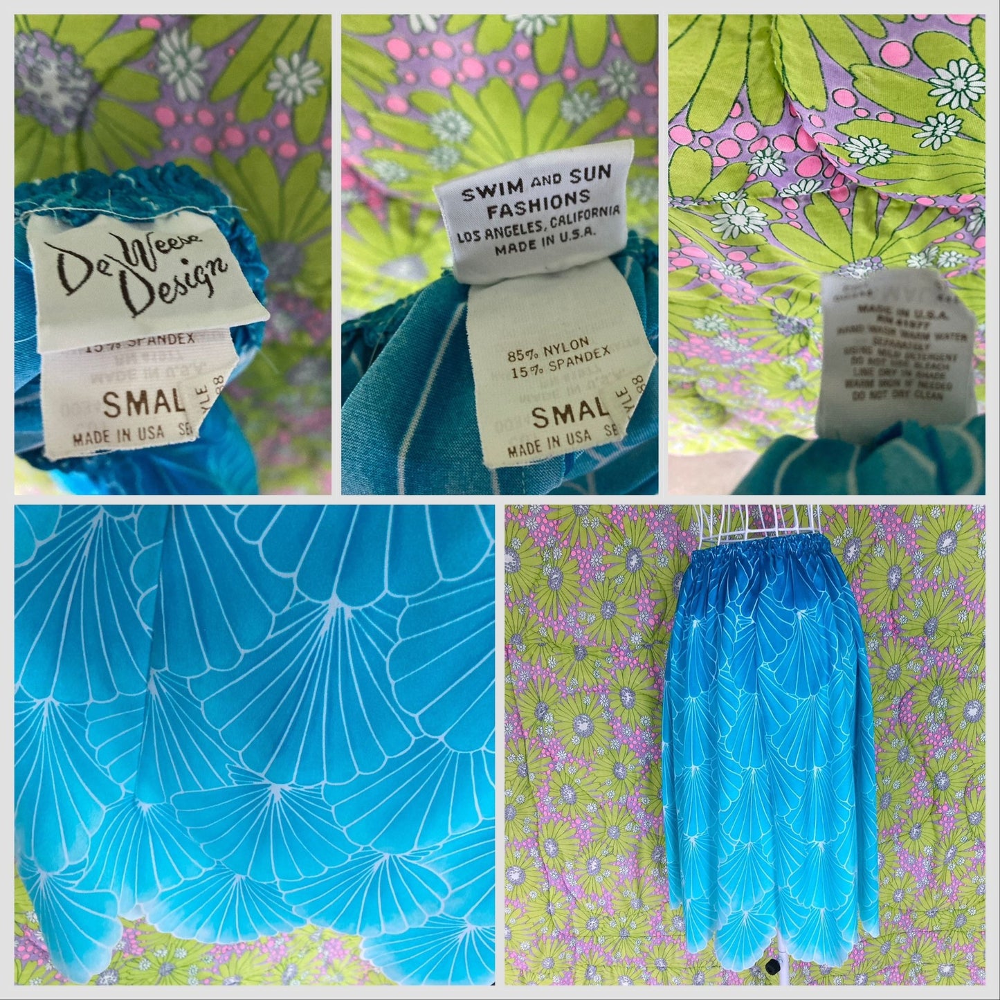 Vintage 70s skirt blue teal novelty shell print XS-M 1970s scallop swim beach DeWeese Design