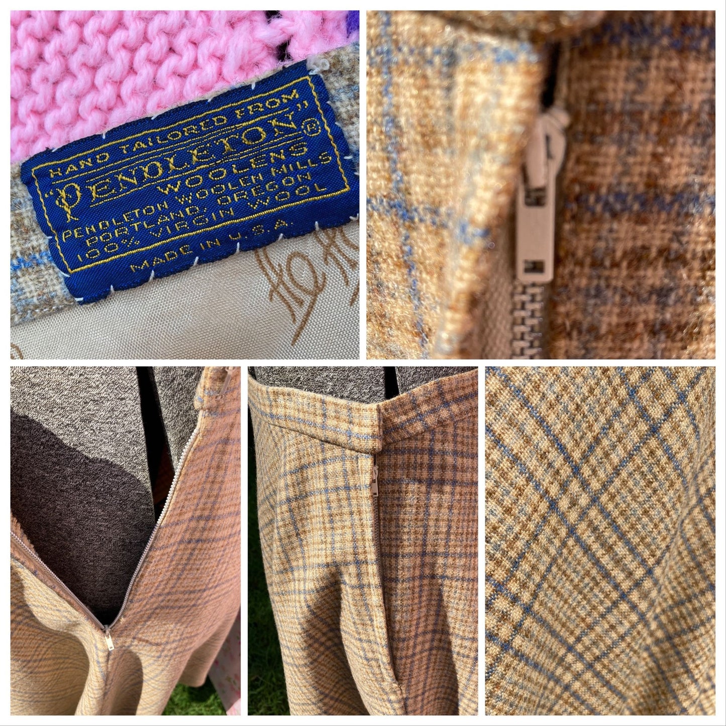 Vintage 50s 60s pendleton wool plaid skirt XS S tartan made in USA beige blue brown hand tailored circle academia academic